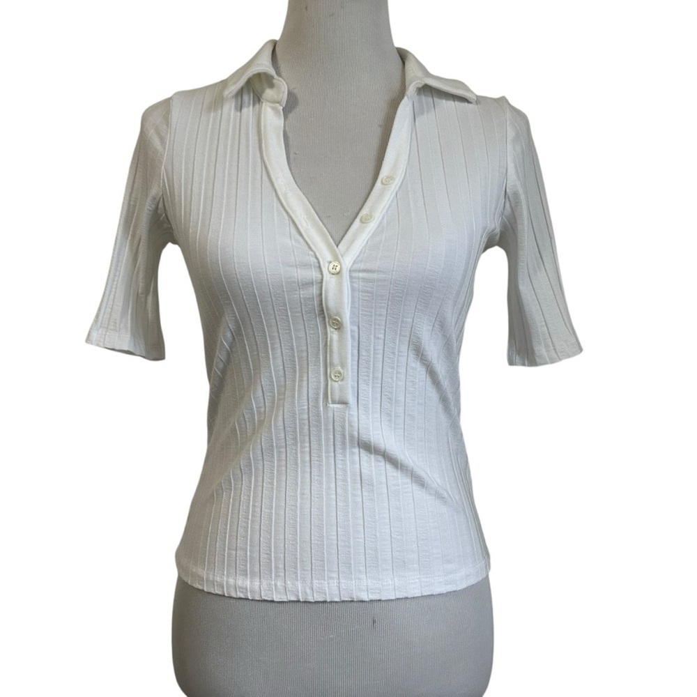 Jonathan Simkhai Womens Ribbed Short Sleeve Polo Top Size Small White Popover